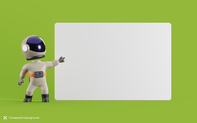 3d astronaut standing beside the blank white banner