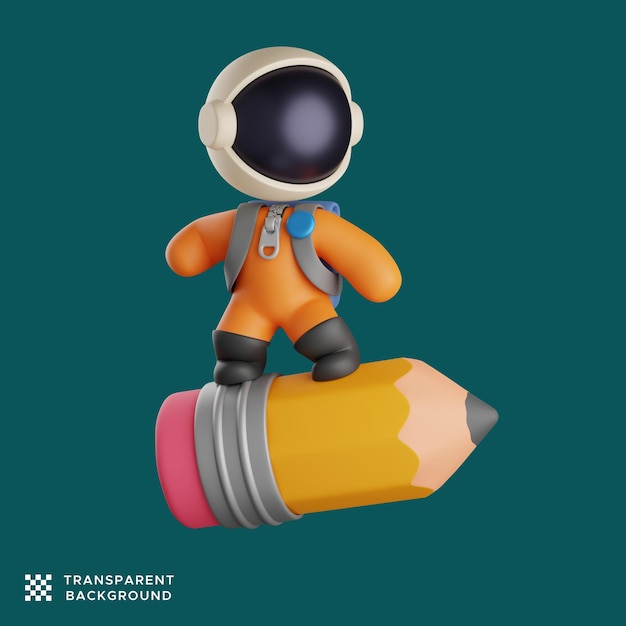 PSD 3d astronaut standing on a yellow flying pencil. cute illustration