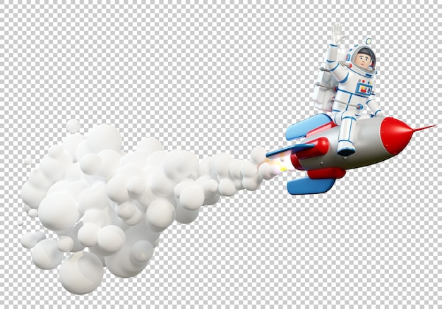 PSD 3d astronauta w skafandrze kosmicznym lecącym na rakiecie, która uwalnia płomienie i dym 3d render 3d illustratio