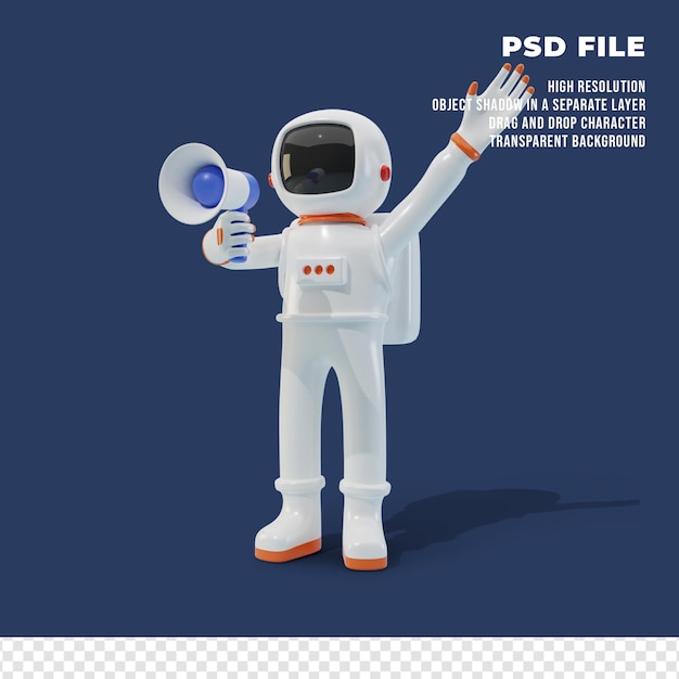 3d-astronautkarakter met megafoon