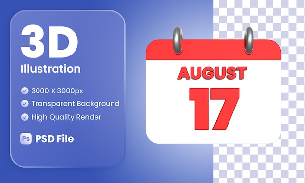 PSD illustrazione del calendario del 17 agosto 3d