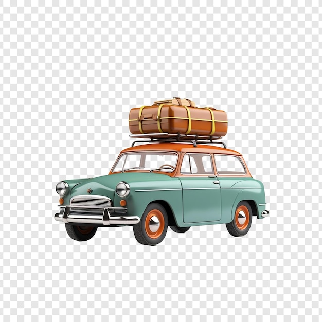 3d auto met bagagebox bovenop auto cartoon geïsoleerd op transparante achtergrond