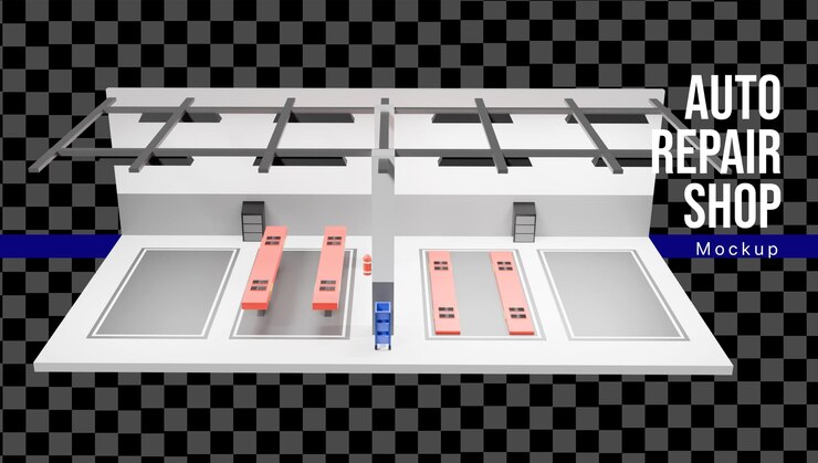 PSD 3d auto repair shop and car repair shop mockup