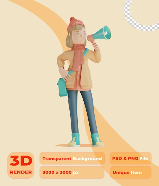 PSD 3d autumn character holding megaphone 3d render