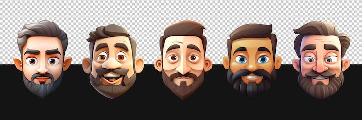 PSD 3d avatar headshot zestaw renderowania 3d ludzkiej twarzy na przezroczystym tle mężczyzn z brodami
