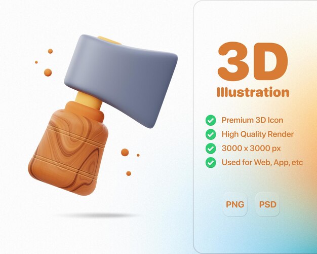 PSD 3d axe tool illustratieweergave van een realistisch 3d bijlpictogramontwerp perfect voor buiten kamperen