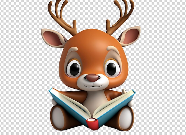 3d baby deer read book on white background