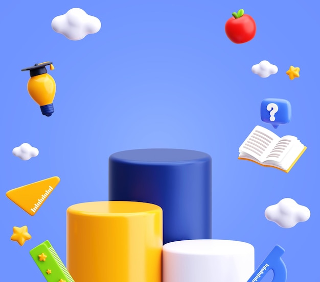 3D Back to School Podium Scene with Floating Educational Elements on Blue Background