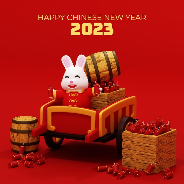 PSD 3d фон китайский новый год, кролик в повозке с петардами и бочками