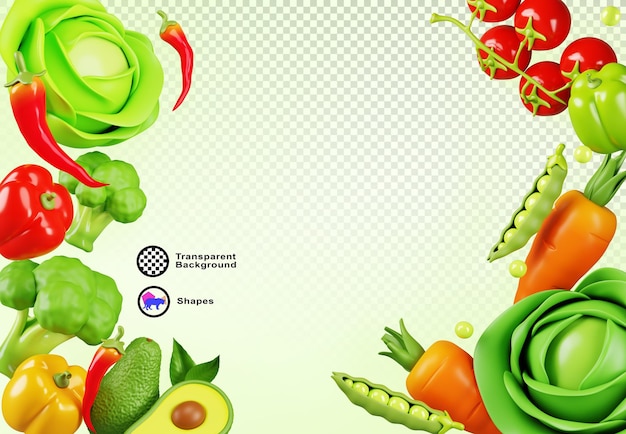 3d background with fresh vegetables Banner template with border of tomato avocado broccoli carrot pepper green peas and cabbage Organic healthy food poster for market or store