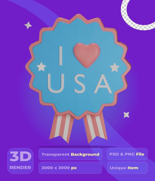 PSD 3d badge i love usa with transparent background