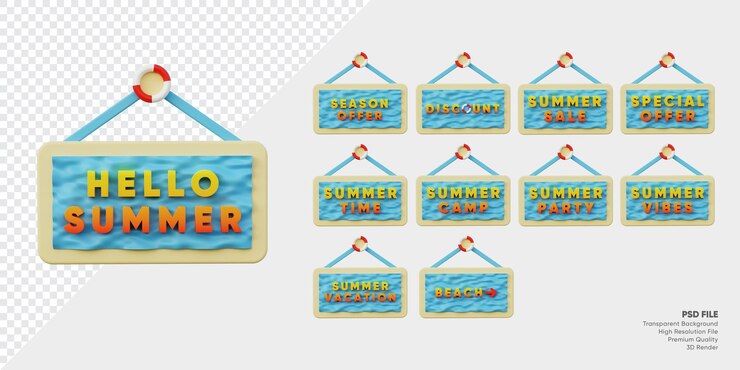 3D badge summer festival label with ocean wave and sand set collection