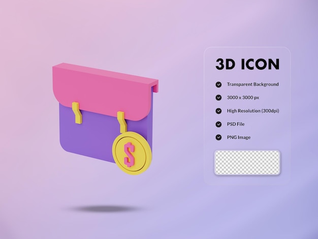 PSD illustrazione di rendering 3d dell'icona della moneta del dollaro e della borsa 3d