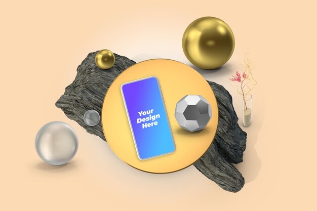 Mockup di telefono a sfera 3d con elementi di scena rock modelli psd