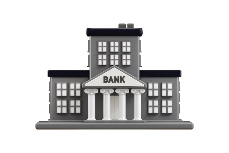 PSD 3d bank building icon concept of financial institution and currency exchange building illustration