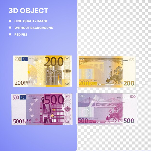 PSD 3d bankbiljetten van 200 en 500 euro collage