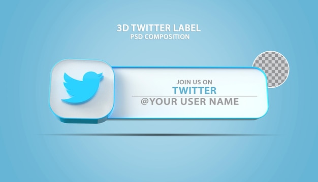 PSD icona twitter banner 3d con casella di testo etichetta