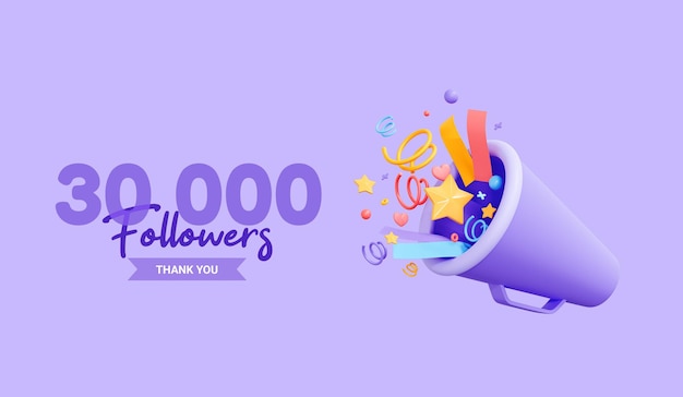 PSD 3d banner with 30k followers thank you for subscribe megaphone and bell ui mockup 3d rendering