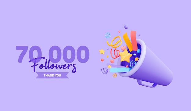 3D banner with 70k followers thank you for subscribe megaphone and bell ui mockup 3D rendering