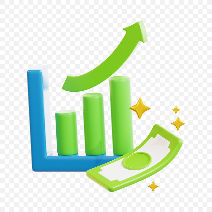 3D bar chart icon with upward arrow and cash for finance business growth and investment themes