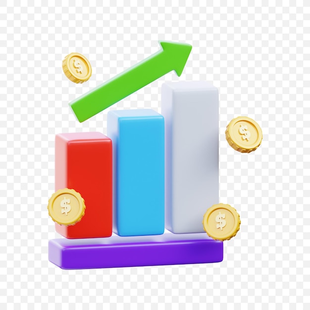 3d bar graph with increasing arrow and gold coins representing financial growth and success icon