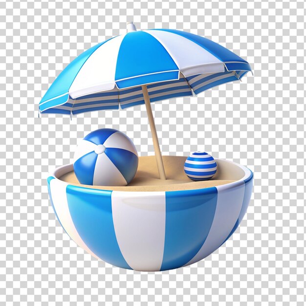 PSD 3d beach bowl ball umbrella blue and white stripped isolated on transparent background