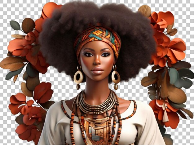 Bella donna africana 3d con i capelli afro indossati su uno sfondo trasparente