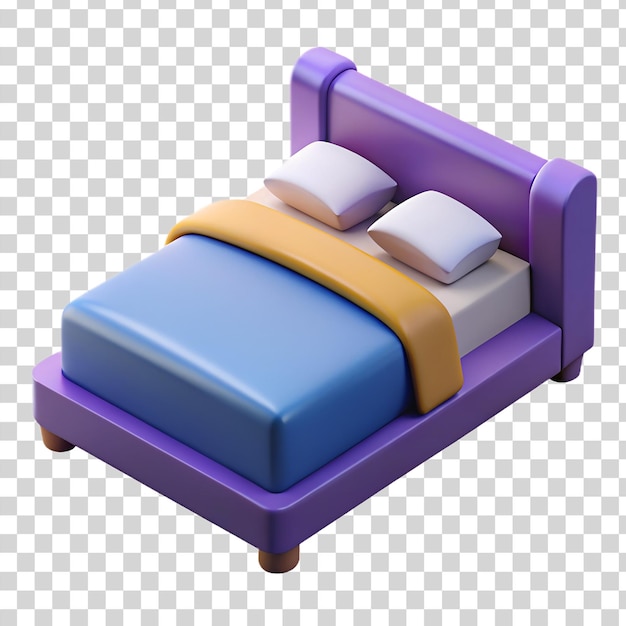 3d bed with 2 pillows isolated on transparent background