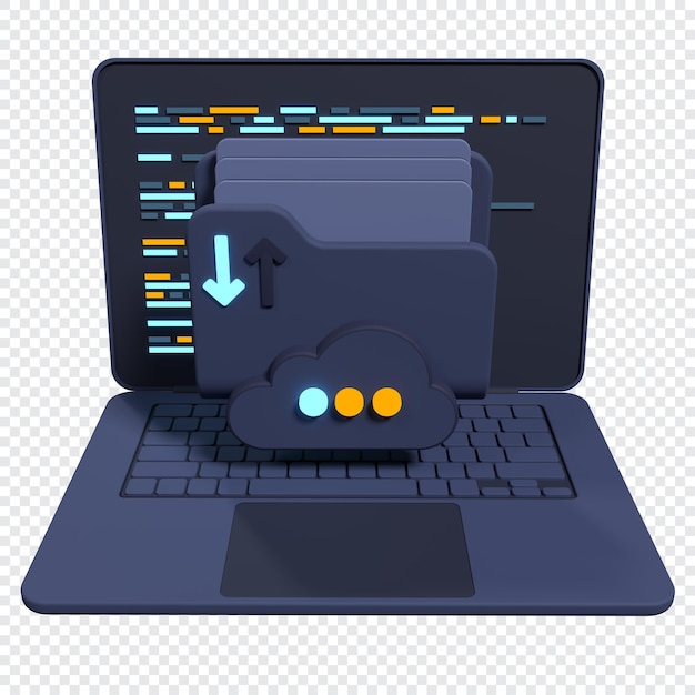 PSD 3d-bestandsmap op het scherm van de laptop laptop en bestanden documentmap opslag delen van gegevens 3d-rendering illustratie