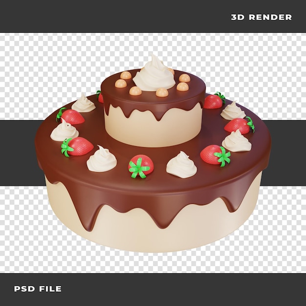 3d birthday cake with strawberry rendered on transparent background