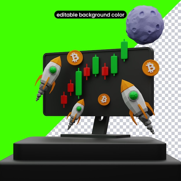 PSD grafico 3d bitcoin sulla luna con il razzo 2