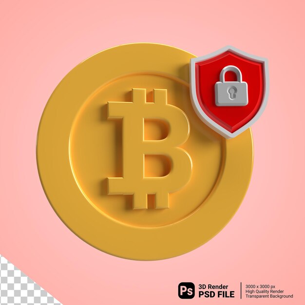 3d bitcoin with red protective shield PSD