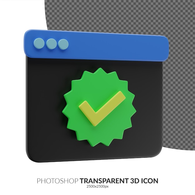PSD 3d black or dark mode window with verified icon badge