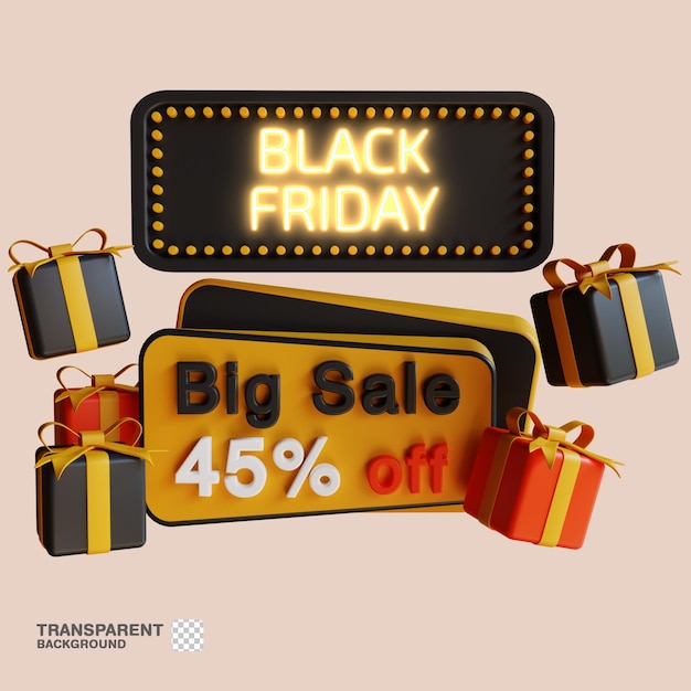 PSD 3d black friday banner in black gold discount sale with neon text glow for marketing source