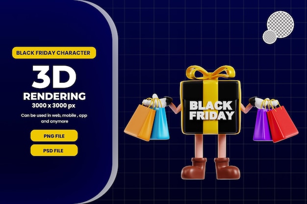 PSD 3d black friday box-karakter winkelt premium psd