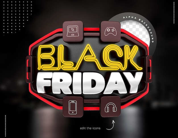 Etichetta 3d black friday per composizione piatto neon