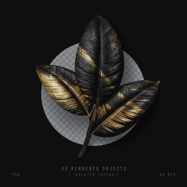 3d black and gold leaves top view custom scene isolated golden leaves 3d rendering
