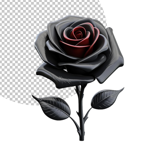 3d black rose with leaves on transparent background