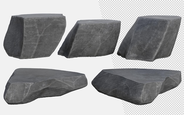 PSD 3d black stone podium display natural rough grey rock step pedestal concept raw stone stand advertisement display product backdrop mountain