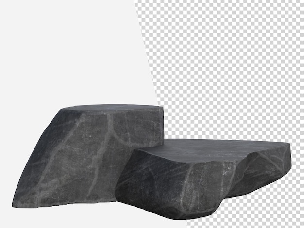 3D Black stone podium display Natural rough grey rock step pedestal Concept raw stone stand advertisement display product backdrop mountain