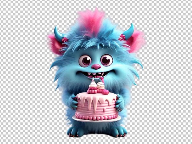 PSD 3d blauwe harige monster houdende taart