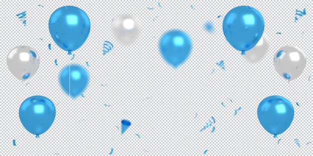 お誕生日おめでとう背景モックアップのために分離された浮かぶ3d青と白の風船紙吹雪