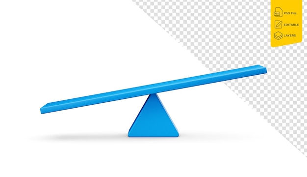 PSD 3d blue balance weight seesaw leaning left side to the ground on white background 3d illustration