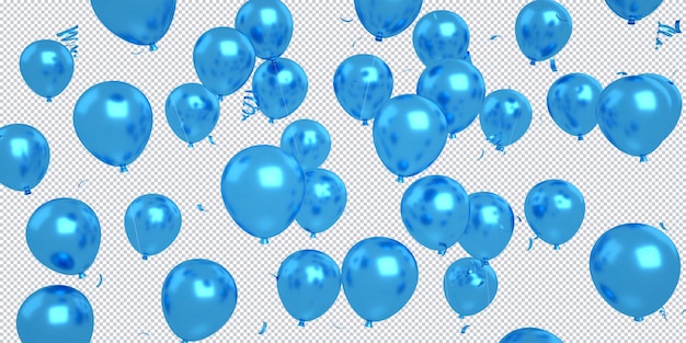 PSD 3d palloncini blu coriandoli galleggianti isolati per il mockup di sfondo di buon compleanno