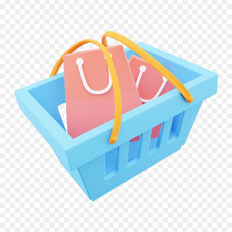 PSD 3d 藍色籃子與紅色袋子 3d 購物圖像