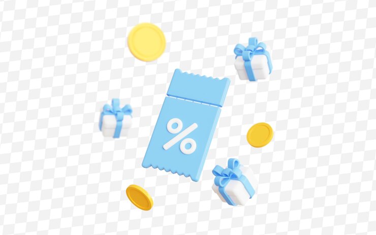 PSD 3d blue flying coupon with gift boxes and gold coins on isolated background voucher gift