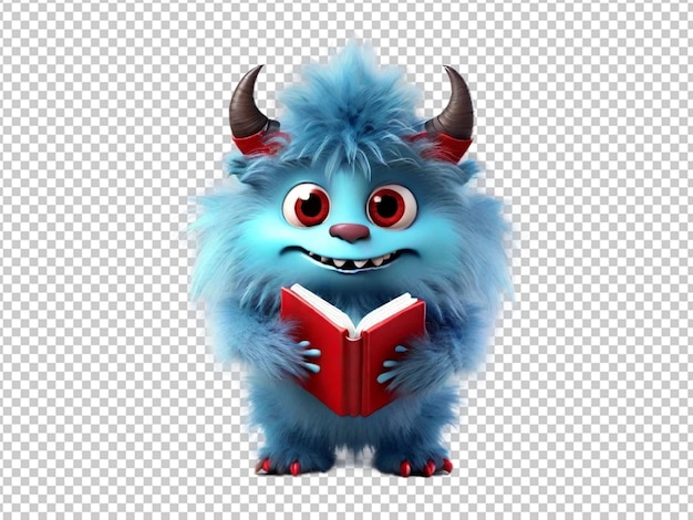 3d blue furry monster holding book