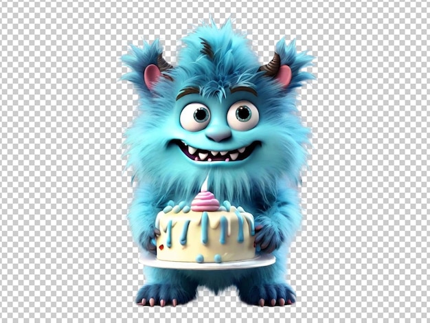 PSD 3d blue furry monster holding cake