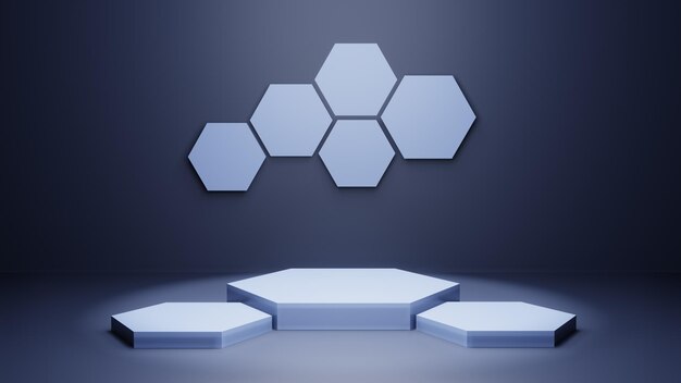 3d青い六角形の表彰台の最小限のスタジオの背景抽象的な3d幾何学的形状オブジェクトイラストレンダリング技術医療および科学製品のディスプレイ