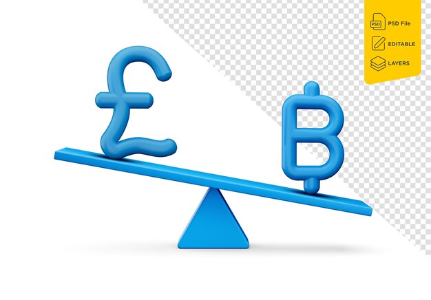 PSD 3d blue pound and baht symbol icons with 3d blue balance weight seesaw 3d illustration